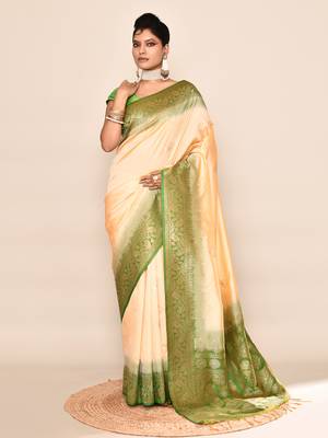 Elora pure soft silk floral designed banarasi weaving saree (light yellow & parrot green) 1