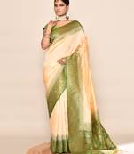 Elora pure soft silk floral designed banarasi weaving saree (light yellow & parrot green)