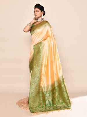 Elora pure soft silk floral designed banarasi weaving saree (light yellow & parrot green) 3
