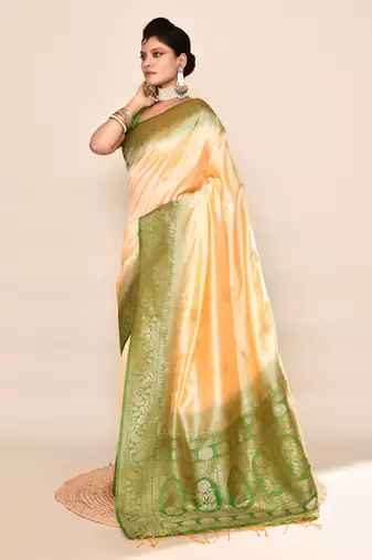 Elora pure soft silk floral designed banarasi weaving saree (light yellow & parrot green)