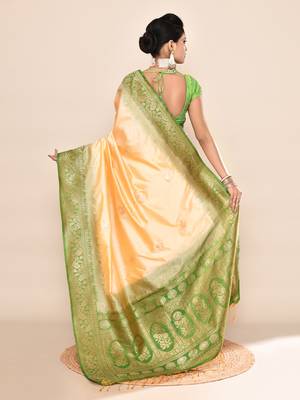 Elora pure soft silk floral designed banarasi weaving saree (light yellow & parrot green) 4