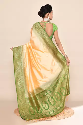 Elora pure soft silk floral designed banarasi weaving saree (light yellow & parrot green)