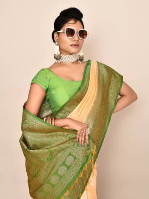 Elora pure soft silk floral designed banarasi weaving saree (light yellow & parrot green) 5