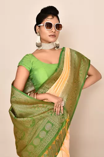 Elora pure soft silk floral designed banarasi weaving saree (light yellow & parrot green)