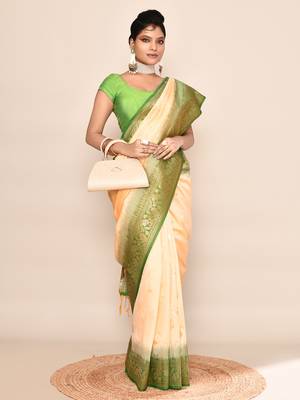 Elora pure soft silk floral designed banarasi weaving saree (light yellow & parrot green) 6