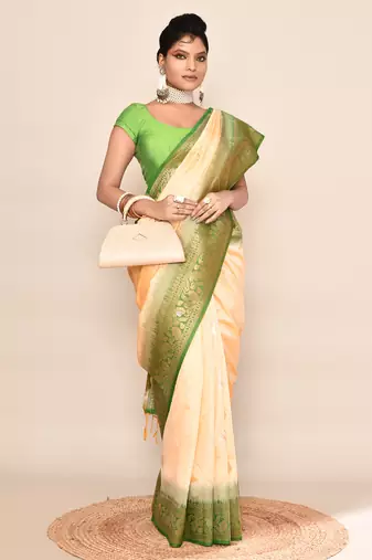 Elora pure soft silk floral designed banarasi weaving saree (light yellow & parrot green)