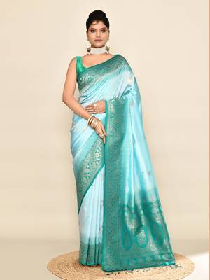 Elora pure soft silk floral designed banarasi weaving saree (sky blue & rama) 1