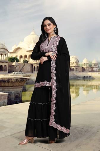 Women's Black Georgette Embroidery Kurta Sharara Set with Dupatta