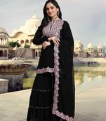 Trendmalls Women's Black Georgette Embroidery Kurta Sharara Set with Dupatta