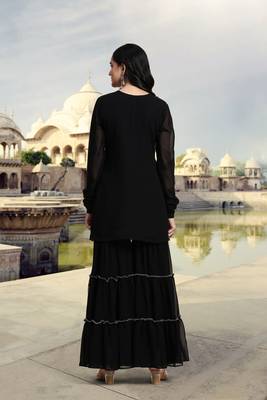 Women's Black Georgette Embroidery Kurta Sharara Set with Dupatta 3