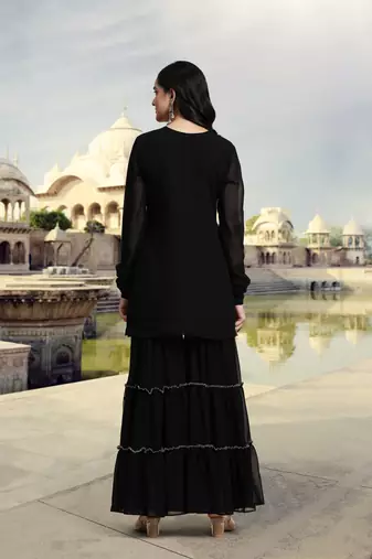 Trendmalls Women's Black Georgette Embroidery Kurta Sharara Set with Dupatta
