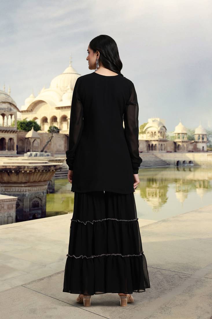 Women's Black Georgette Embroidery Kurta Sharara Set with Dupatta