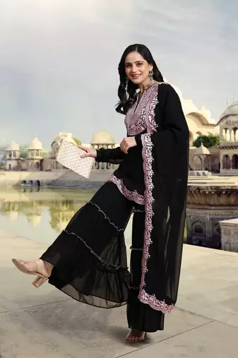 Trendmalls Women's Black Georgette Embroidery Kurta Sharara Set with Dupatta