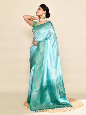 Elora pure soft silk floral designed banarasi weaving saree (sky blue & rama) 3