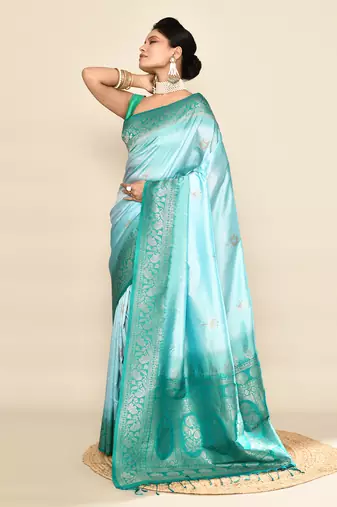 Elora pure soft silk floral designed banarasi weaving saree (sky blue & rama)