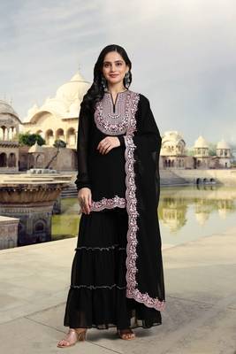 Women's Black Georgette Embroidery Kurta Sharara Set with Dupatta 5