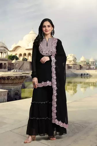 Trendmalls Women's Black Georgette Embroidery Kurta Sharara Set with Dupatta