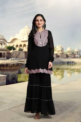 Women's Black Georgette Embroidery Kurta Sharara Set with Dupatta 6