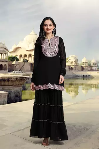 Trendmalls Women's Black Georgette Embroidery Kurta Sharara Set with Dupatta