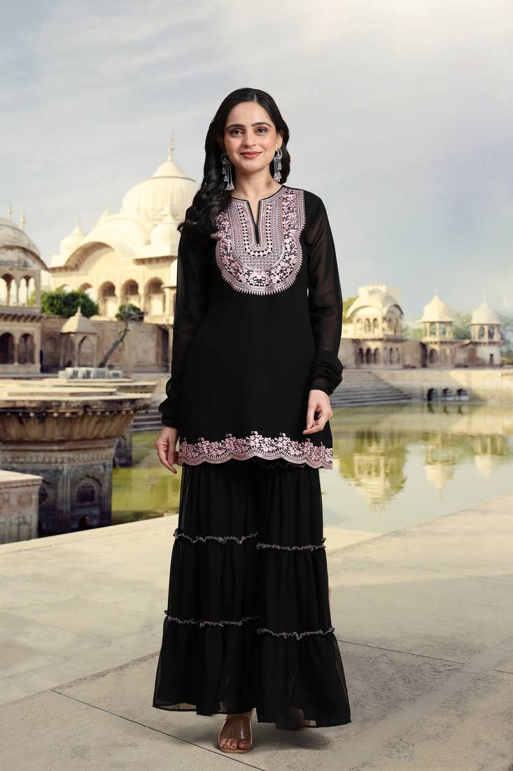 Women's Black Georgette Embroidery Kurta Sharara Set with Dupatta