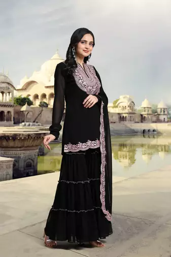Trendmalls Women's Black Georgette Embroidery Kurta Sharara Set with Dupatta