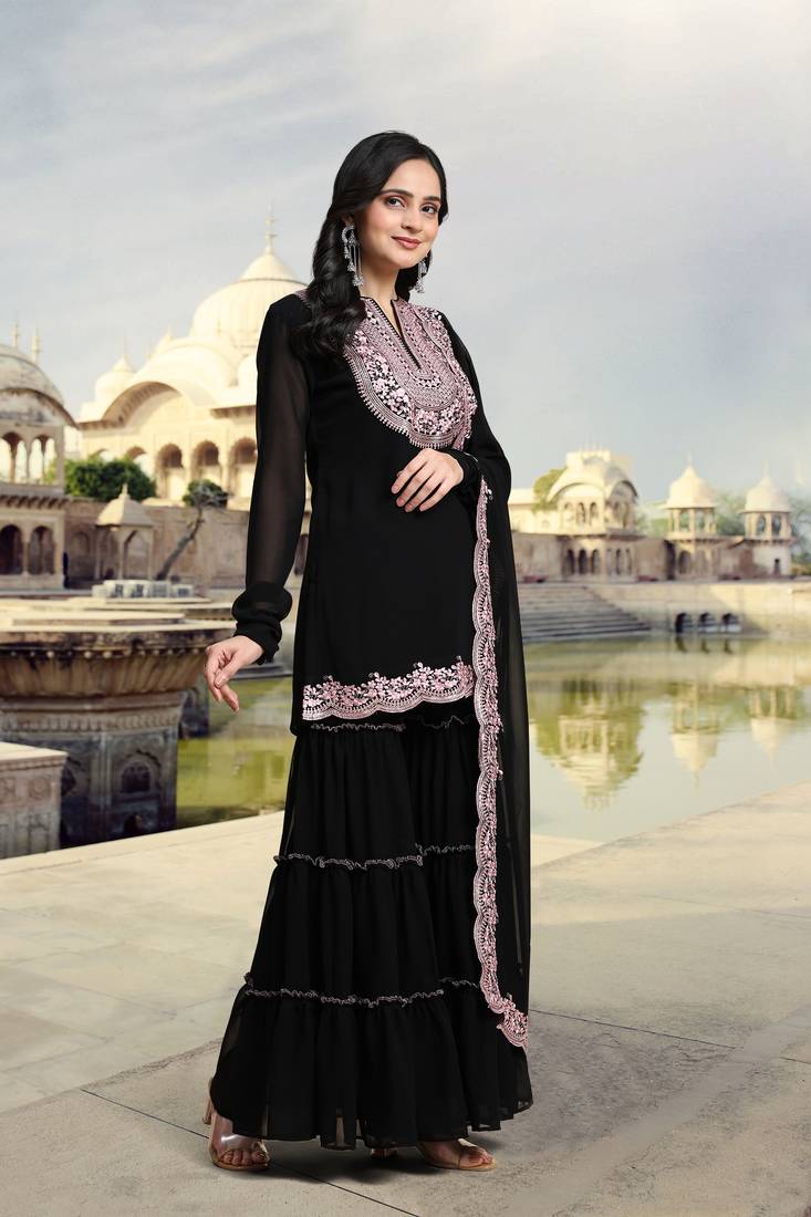Women's Black Georgette Embroidery Kurta Sharara Set with Dupatta