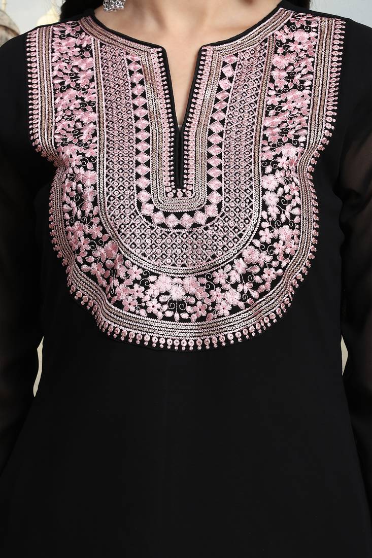 Women's Black Georgette Embroidery Kurta Sharara Set with Dupatta