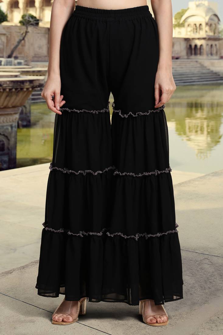 Women's Black Georgette Embroidery Kurta Sharara Set with Dupatta