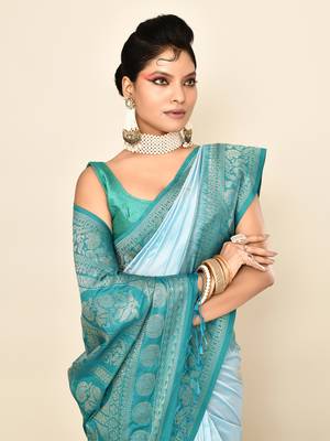Elora pure soft silk floral designed banarasi weaving saree (sky blue & rama) 5
