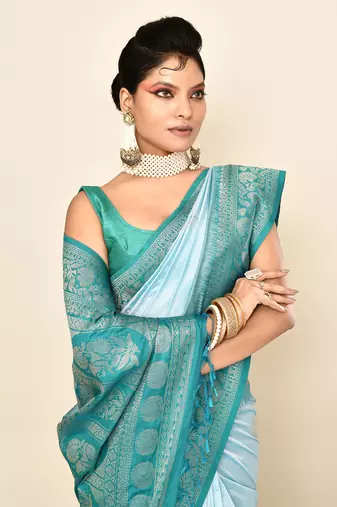 Elora pure soft silk floral designed banarasi weaving saree (sky blue & rama)