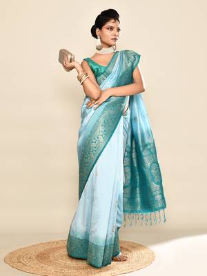 Elora pure soft silk floral designed banarasi weaving saree (sky blue & rama) 6