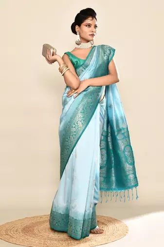 Elora pure soft silk floral designed banarasi weaving saree (sky blue & rama)