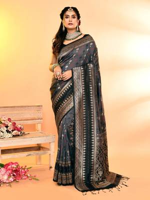 Elora pure soft silk woven designed banarasi saree (grey) 1