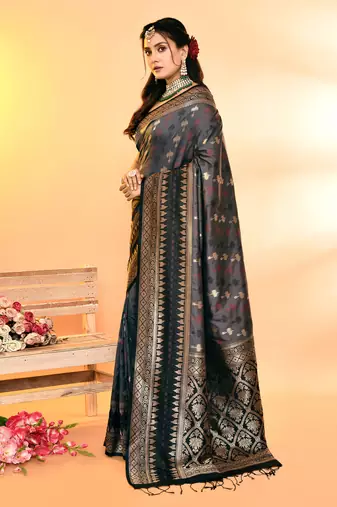 Elora pure soft silk woven designed banarasi saree (grey)