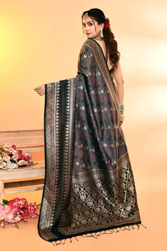 Elora pure soft silk woven designed banarasi saree (grey)
