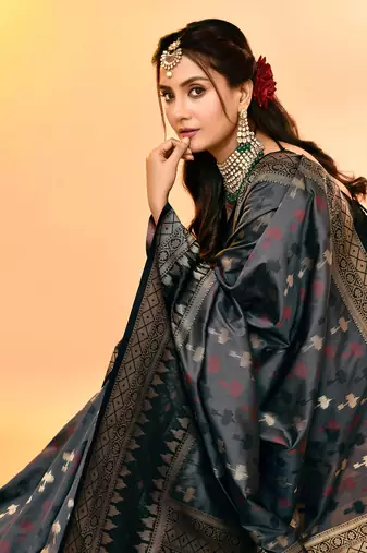 Elora pure soft silk woven designed banarasi saree (grey)