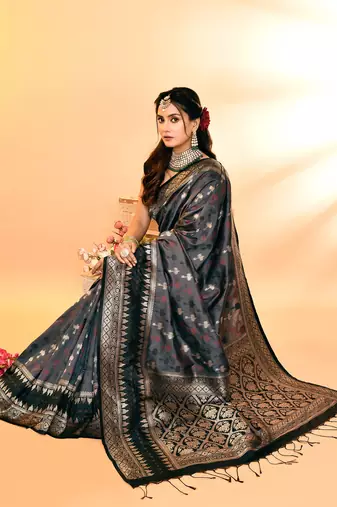 Elora pure soft silk woven designed banarasi saree (grey)