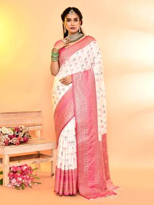 Elora pure soft silk woven designed banarasi saree (white) 1