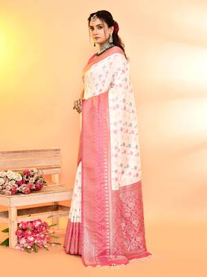 Elora pure soft silk woven designed banarasi saree (white) 3