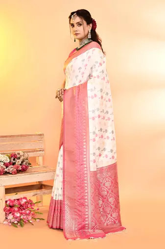 Elora pure soft silk woven designed banarasi saree (white)