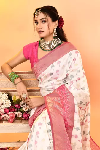 Elora pure soft silk woven designed banarasi saree (white)