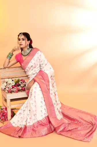 Elora pure soft silk woven designed banarasi saree (white)