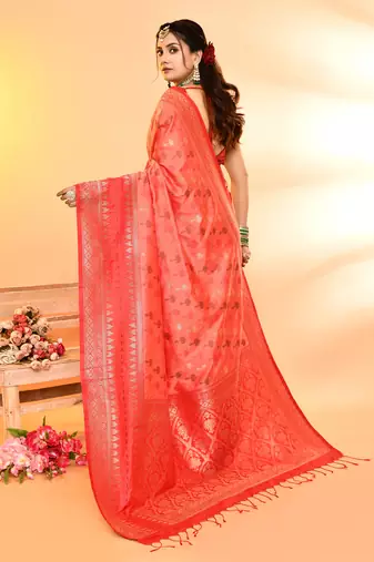 Elora pure soft silk woven designed banarasi saree (peach)