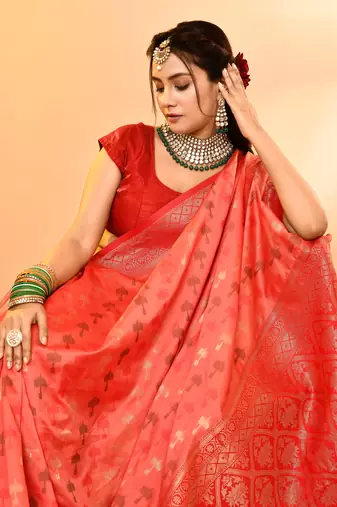 Elora pure soft silk woven designed banarasi saree (peach)