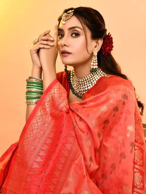 Elora pure soft silk woven designed banarasi saree (peach) 6