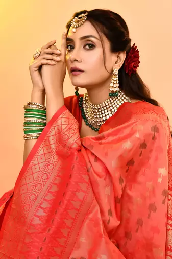 Elora pure soft silk woven designed banarasi saree (peach)