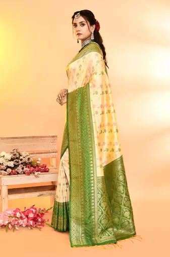 Elora pure soft silk woven designed banarasi saree (light yellow)