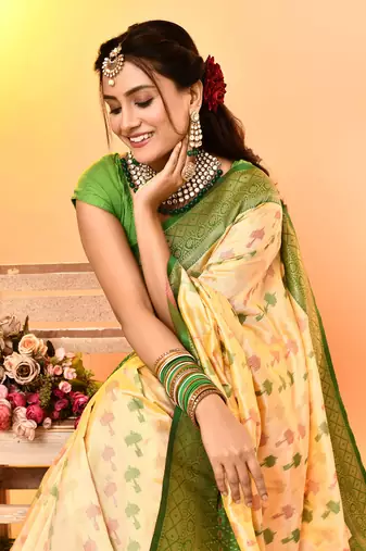 Elora pure soft silk woven designed banarasi saree (light yellow)