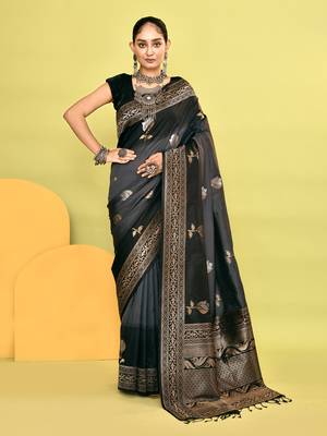 Elora pure soft silk banarasi weaving silk saree (grey) 1
