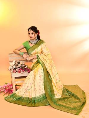 Elora pure soft silk woven designed banarasi saree (light yellow) 6